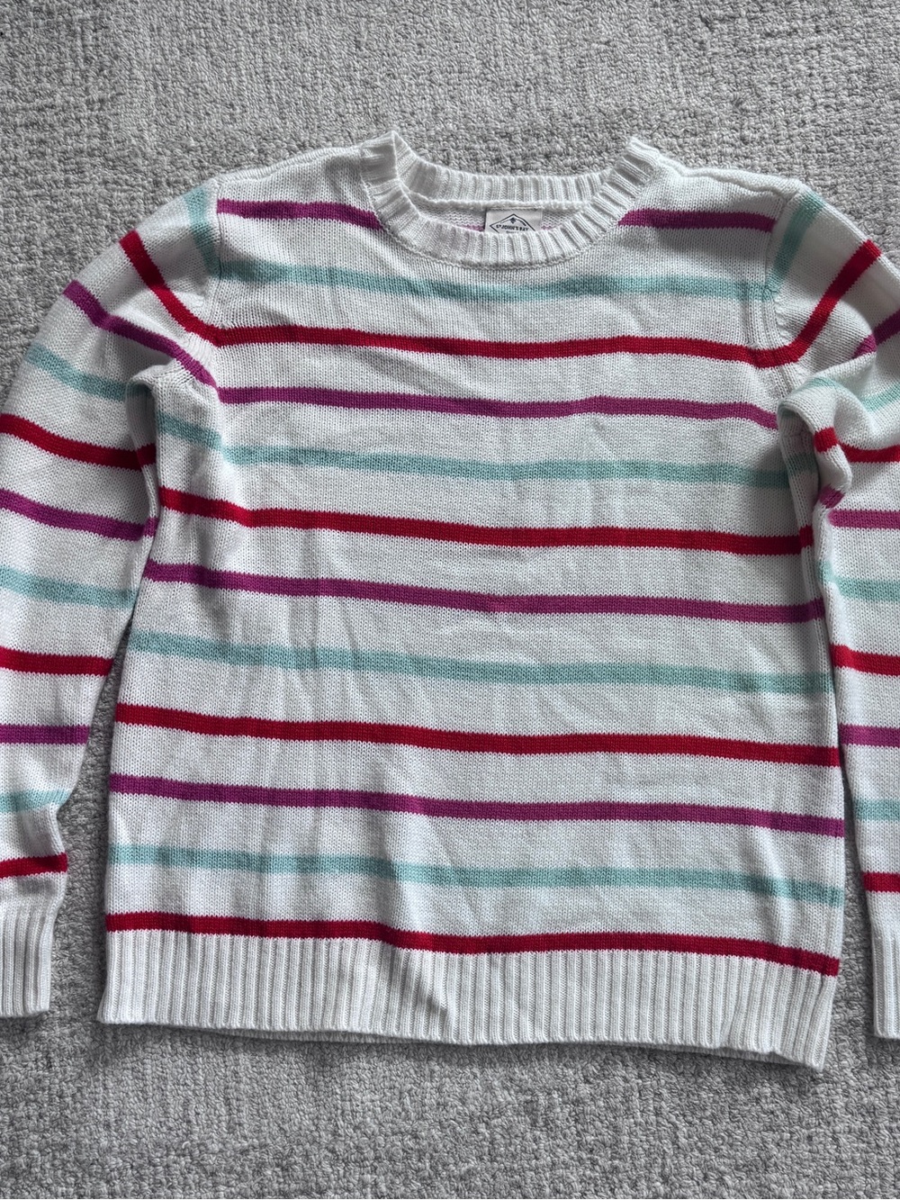 St. John's Bay White Crewneck Sweater with Pink, Red and Light Blue Stripes